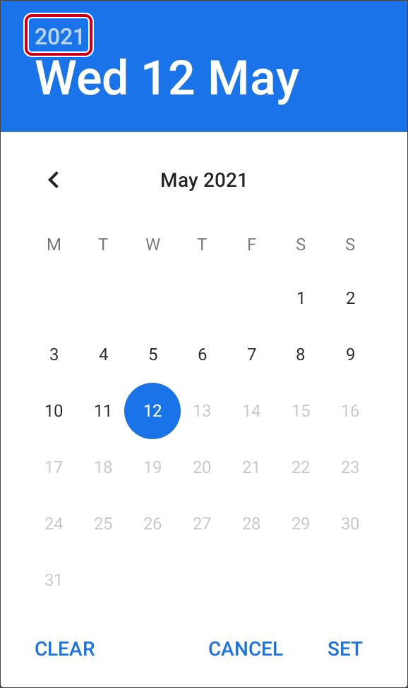 The calendar as it opens. Tap the year first.