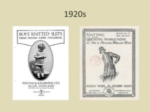 Two 1920s pattern leaflets. One Boys Knitted Suits with a picture of a young boy wearing knitted sweater and shorts, and the other Knitting And Crocheting Instructions for New and Popular Woollen Wear featuring a lady wearing a knitted jacket and matching hat