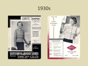 Two 1930s pattern leaflets. One showing a lady wearing a knitted jumper with lattice pattern and cavalier collar, and the other a knitted short sleeved cardigan with collar