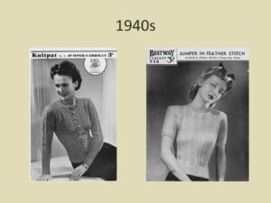 Two knitting pattern leaflets from the 1940s. One showing a lady wearing a textured cardigan, and the other an openwork short sleeved sweater