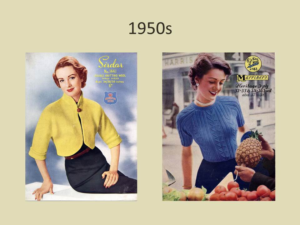 Two 1950s knitting leaflets. One with a lady wearing a yellow mid-length cardigan, and the other a short-sleeved cable jumper