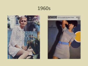 Two pattern leaflets from the 1960s. One with a lady wearing crochet jacket and skirt and the other with a lady wearing a knitted dress.