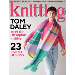 Cover of Knitting Magazine featuring Tom Daley wearing broad, striped knitted scarf