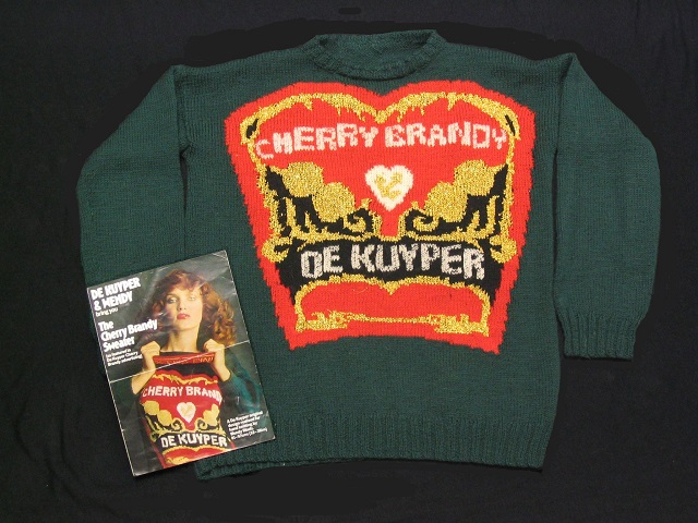 Knitted green sweater with De Kuyper cherry brandy motif