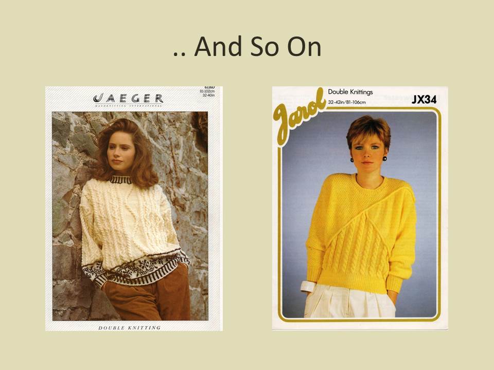 Two post-1980s knitting pattern leaflets. One showing a lady wearing a cabled sweater with a colourwork design around the bottom, and the other a lady wearing a sweater that is formed from three areas - two triangles for the arms and across the shoulders, and a lower cabled triangle.
