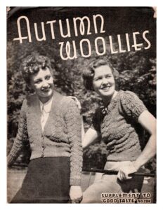 Cover of Autumn Woollies showing two ladies wearing textgured knitwear - a cardigan with scallop pattern and a short sleeve sweater.