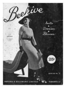 Cover of Beehive booklet shoing lady leaning against a chair wearing a knitted short textured sleeve sweater and skirt