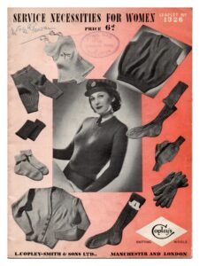 Cover of Service Necessities for Women (1326) showing servicewoman surrounded by knitted underwear, socks, gloves, mittend, knee warmers and cardigan.