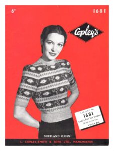 Cover of Copleys pattern 1681 - short sleeve sweater with horizontal stripbes with fish motifs in stripes