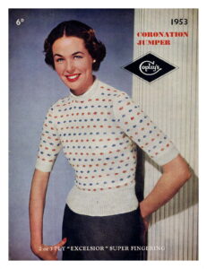 Cover of Copley pattern showing lady wearing short sleeve sweater with bands of crown motifs