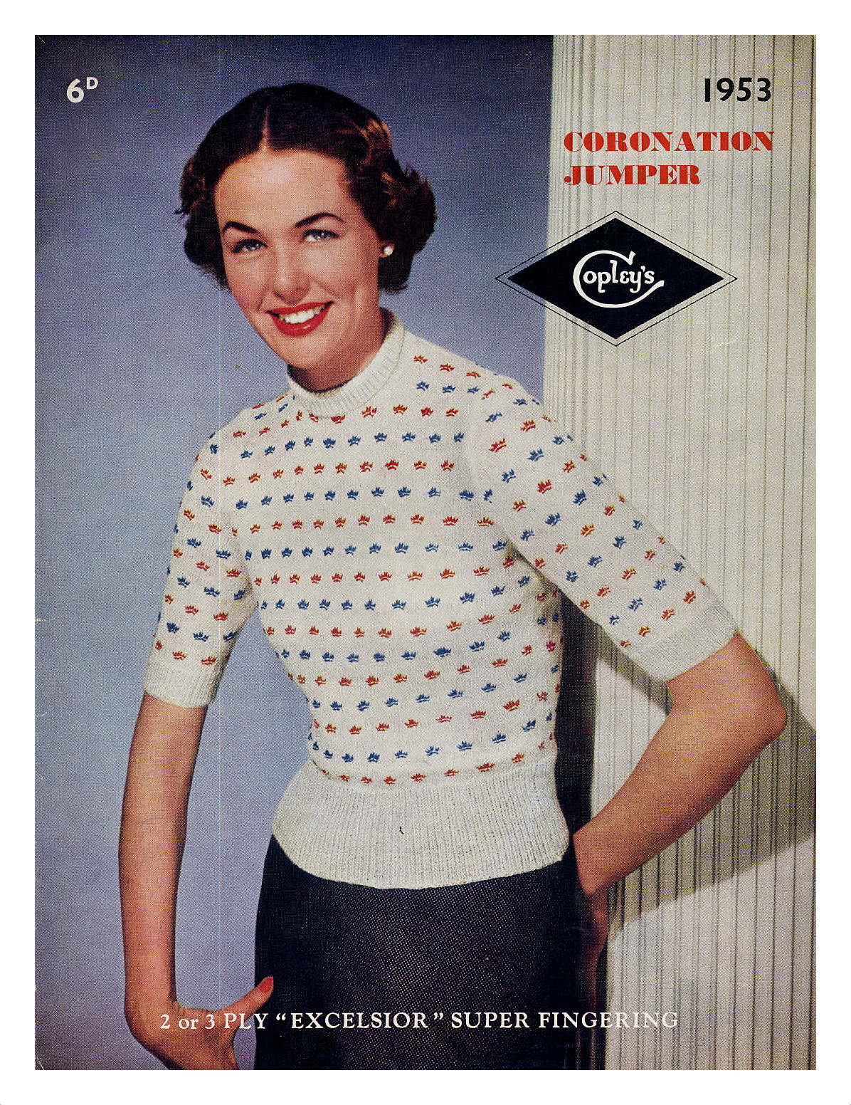 Cover of Copley pattern showing lady wearing short sleeve sweater with bands of crown motifs