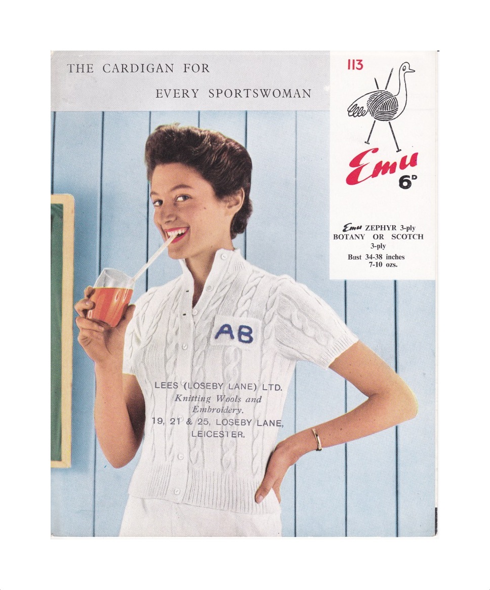 Cover of Emu pattern 113 sjowing lady in white cabled cardigan drinking from a straw.