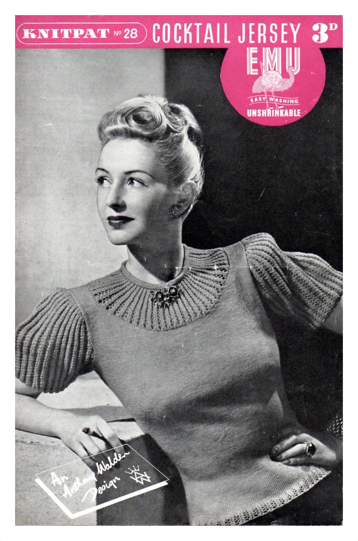 Cover of Emu Knitpat 26 showing lady wearing sweater with short ribbed sleeves and ribbed collar