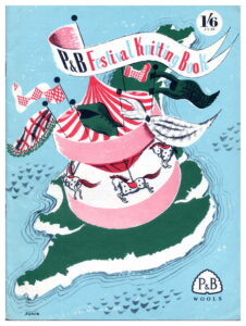 Cover of P&B Festival Knitting Book with cartoon of Britain with a Merry-Go-Round on it