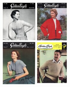 Covers of 4 Golden Eagle sweater and cardigan patterns - three for women, one for men.