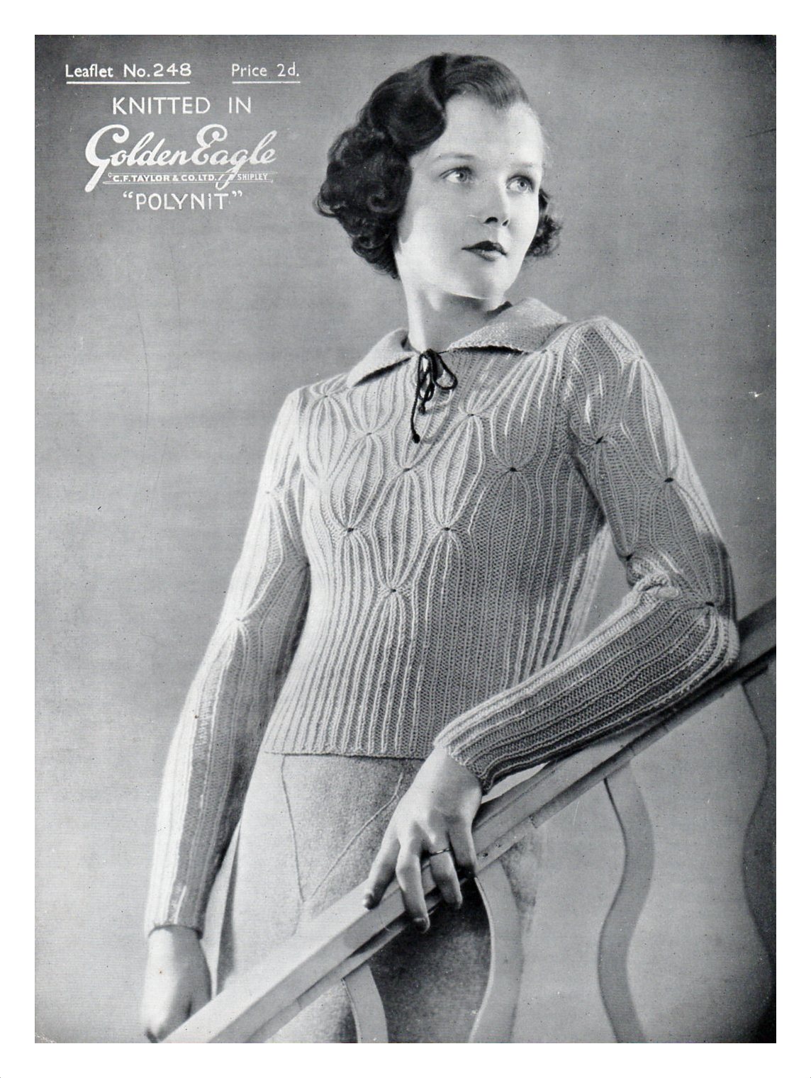 Cover of Golden Eagle pattern 248 showing lady with cabled sweater with large collar