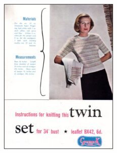 Cover of Greenock pattern with lady modelling horizonal zig-zag pattern sweater with short sleeves and holding a cardigan with similar pattern.