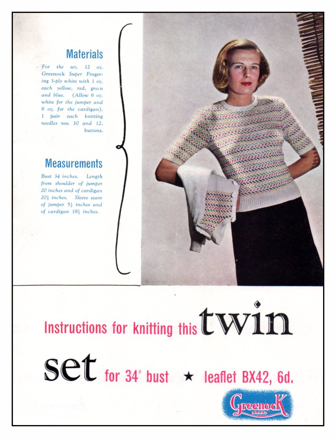 Cover of Greenock pattern with lady modelling horizonal zig-zag pattern sweater with short sleeves and holding a cardigan with similar pattern.
