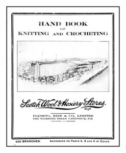 Cover of Handbook of Knitting & Crochet. Drawing of mill and surrounding buildings and garden