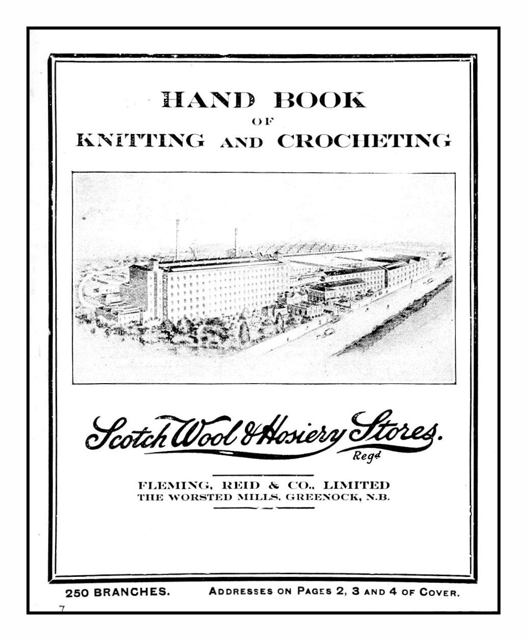 Cover of Handbook of Knitting & Crochet. Drawing of mill and surrounding buildings and garden