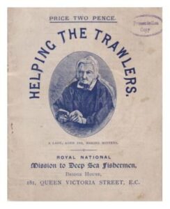 Cover of Help the Trawlers. Central photogrape described as "A lady, aged 102, making mittens.