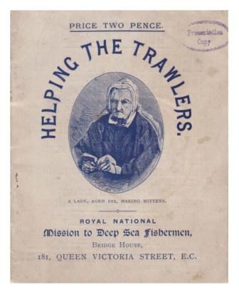 Cover of Help the Trawlers. Central photogrape described as "A lady, aged 102, making mittens.