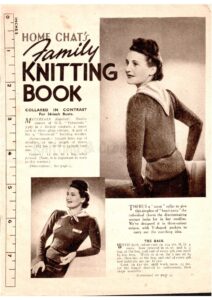 Cover of Home Chat's Family Knitting Book showing two photos of a lady wearing a knitted sweater with a neckerchief. There is a handy measuring rule on the side of the page.