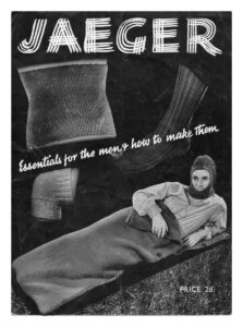 Cover of Jaeger Essentials for the men & how to make them. Photographs of knitted body warmer, knee warmer, sock and a man wearing a balaclava while in a sleeping bag.