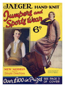 Cover of Jaeger Hand-knit Jumpers and Sports Wear. Two drawings of ladies - one with a very low neck sleeveless sweater, one with matching knit jacket and skirt, and a photograph of a stranded knitting jacket.