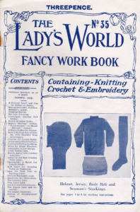 Cover of Lady's World Fancy Book 35 showing knitted balaclava, sweater, body belt and socks (stockings)