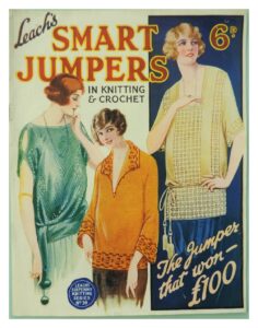 Cover of Leach's Smart Jumpers with drawings of three ladies wearing long or snort sleved tops - one solid with colourwork bands at cuffs, welt and neck, and two in openwork.
