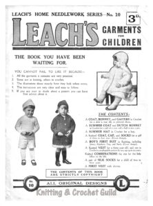 Cover of Leach's Garments for Children. Photos of toddlers in knitted coats, hats and on in a sweater.
