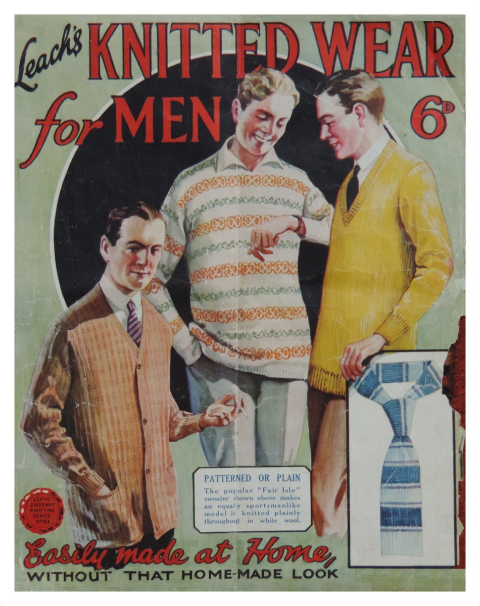 Cover of Leach's Knitted Wear for Men. Drawings of three men - one in atextured knit cardigan, one in Fair Isle jumper and the third in a sstocking stitch jumper. Also a photograph of a knitted tie.