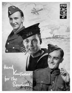 Cover of Hand Knitwear for the Services (802) with photographs of an airman, sailor and soldier with drawn background of a fighter aeroplane, warship and tank.