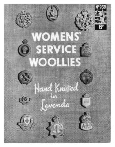 Cover of Womens Service Woolies Hand Knittd in Lavenda showing military pin badges for women's services