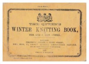 Cover of The Queen's Winter Knitting Book by Mrs Mee and Miss Austin. Scalloped border around text. Royal crest above text.