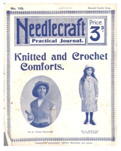 Cover of Needlecraft Practical Journal No 110. Photograph of lady in textured sleeveless cardigan and one of a girl in a knitted coat