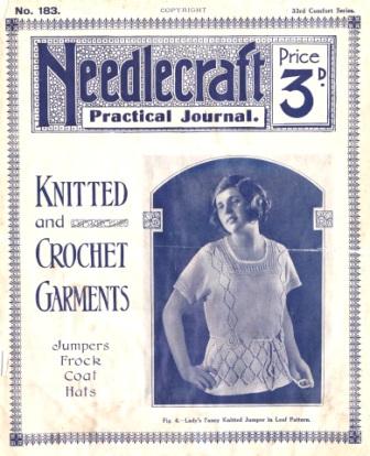 Cover of Needlecraft Practical Journal Knitted and Crochet Garments. Lady wearing short sleev jumper with openwork diamond motif on lower bodu continuing in a column on each side.