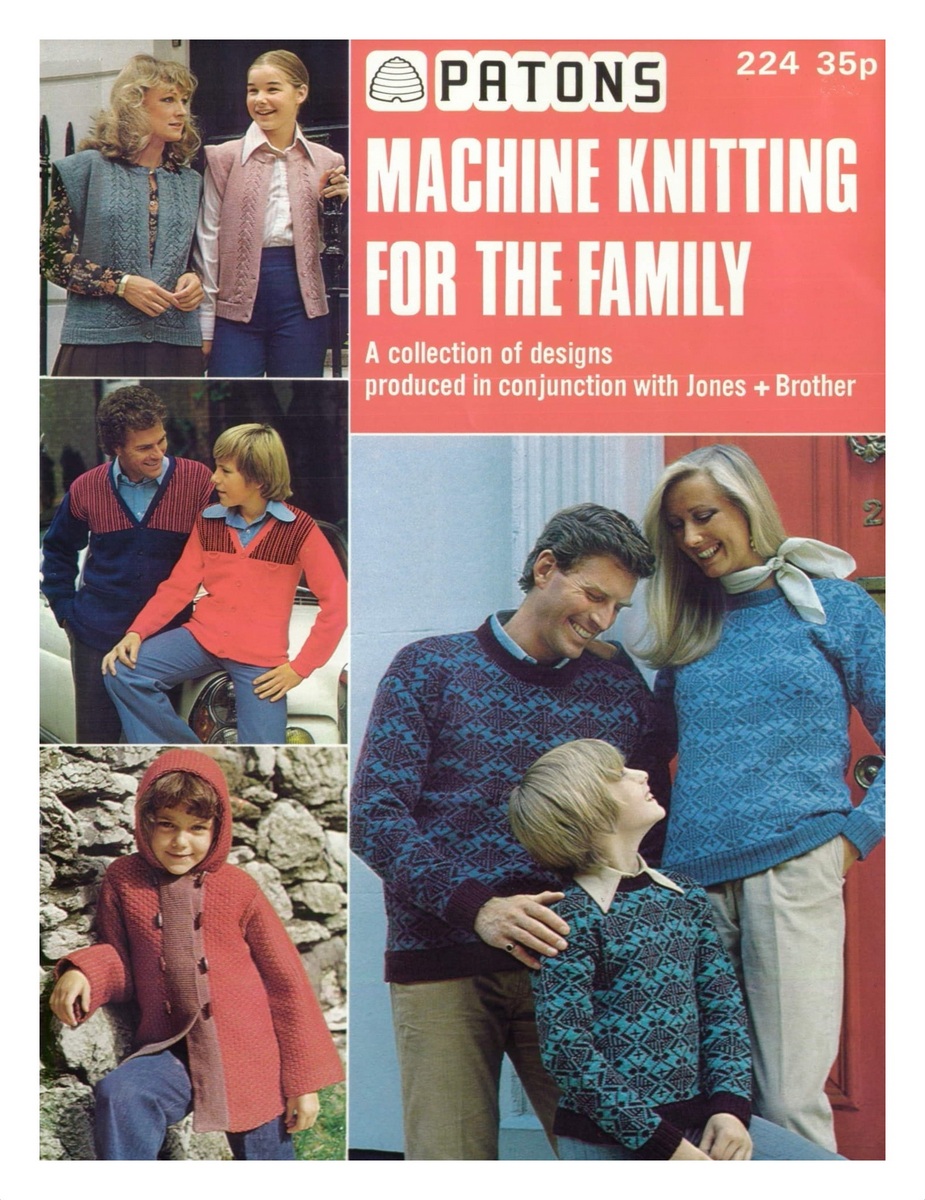 Cover of Machine Knitting for the Family with four photos of people wearing knitwear