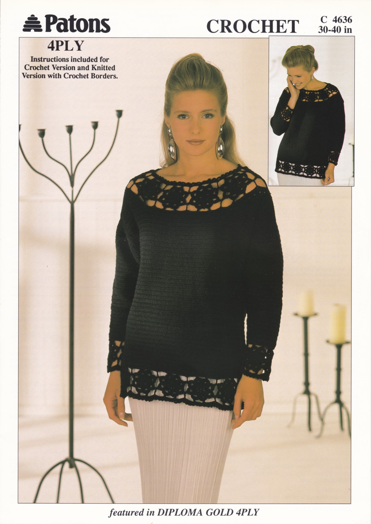 Crochet pattern leaflet showing lady wearing crochet top with open stars across the neck, cuff and welt borders.