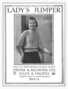 Cover of Patons & Baldwins Helps to Knitters No332 - Ladys jJumper. Lady wearing sweater with ribbed cuffs nearly to the elbow and overall lace motif.