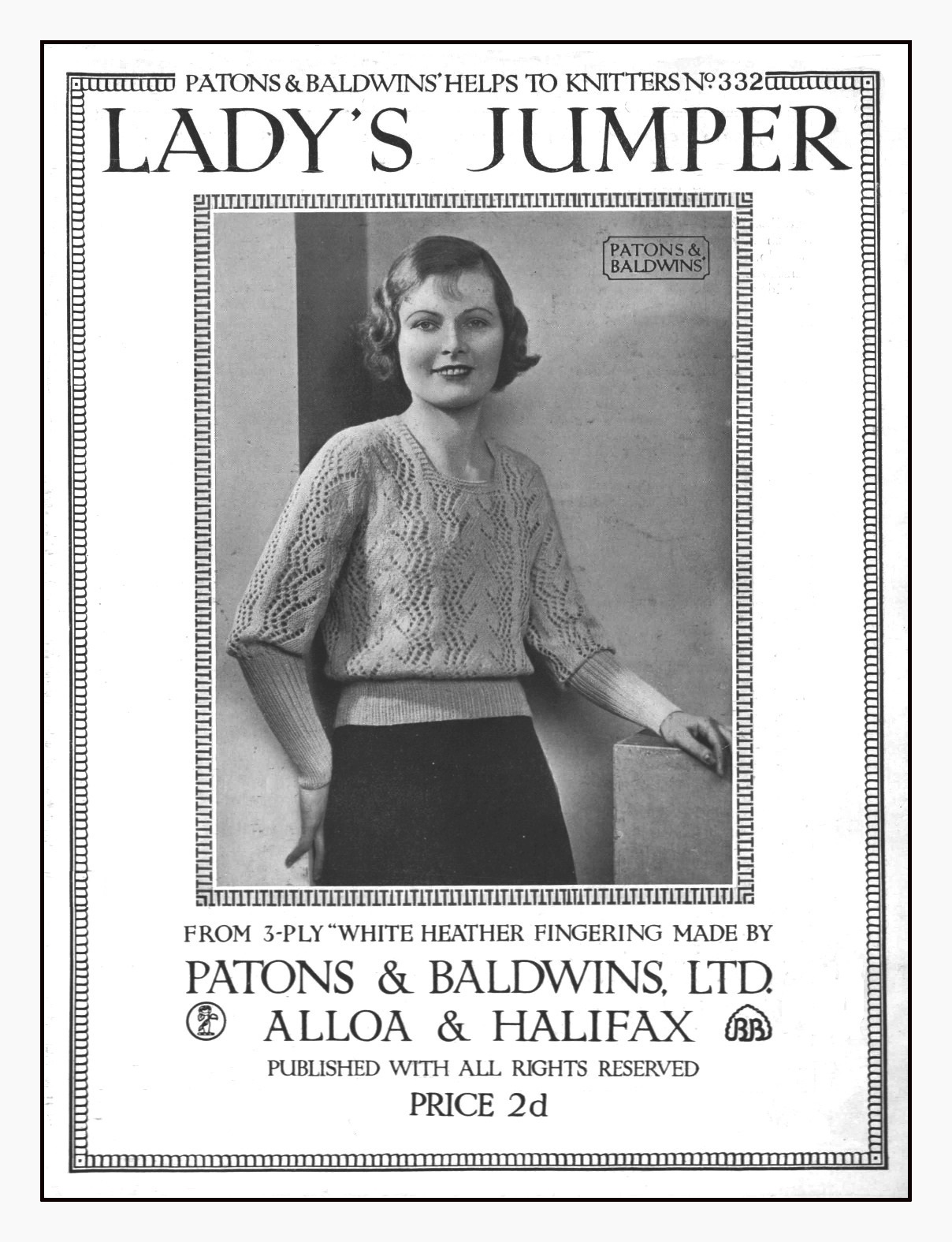 Cover of Patons & Baldwins Helps to Knitters No332 - Ladys jJumper. Lady wearing sweater with ribbed cuffs nearly to the elbow and overall lace motif.