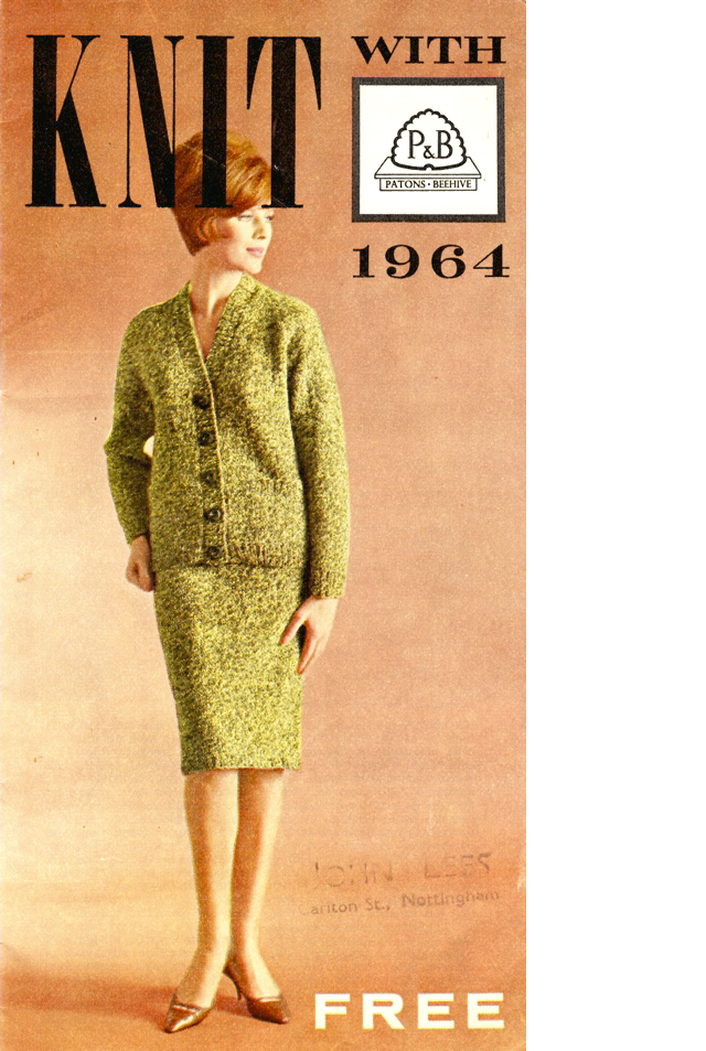 Cover of Knit with P & B 1964. Lady wearing matching knitted skirt and cardigan,