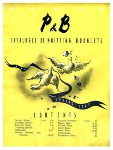 Cover of Patons & Badwin Catalogue of Knitting Booklets spring 1945. Drawing of doves carrying a ribbon and a pansy.