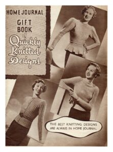 Cover of "Home Journal of Quickly Knitted Designs" showing three images of ladies wearing sweaters or cardigans with textured stripes.