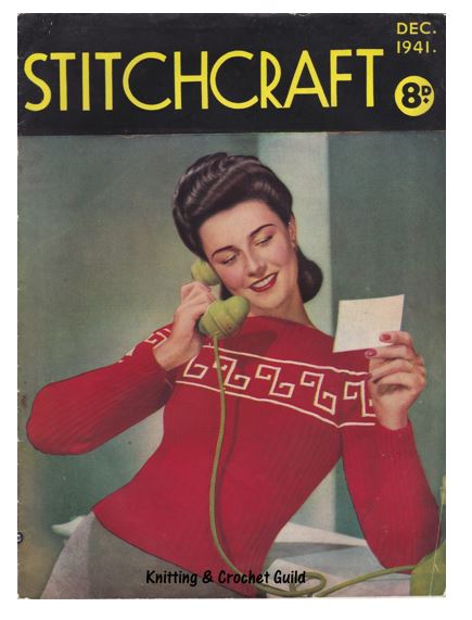 Cover of Stitchcraft December 1941. Lady using telephone wearing red sweater with angular spirals across the base of the yoke.