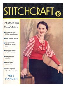 Stitchcraft cover with lady in red jumber with lace front and striped sleeves