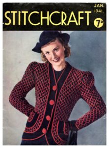 Cover of Stitchcraft January 1941 showing lay in red and black honeycomb style knitted jacket.
