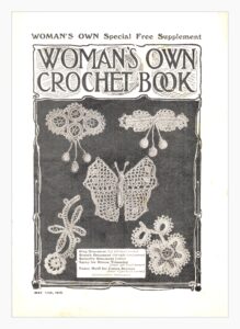 Cover of Woman's Own Crochet book showing five crocheted lace ornaments or motifs.