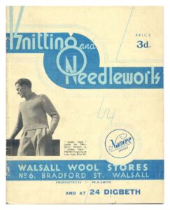 Cover of Knitting and Needlework with photograph of man wearing roll neck textured sweater. (Golden Eagle leaflet 396)